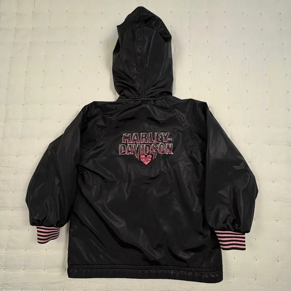 Harley-Davidson Reversible Hoodie Jacket Girls 4T Black Pink Biker Coat